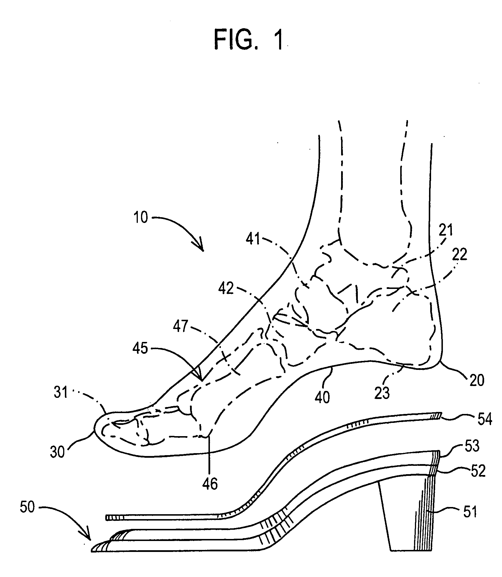 Device for high-heeled shoes and method of constructing a high-heeled shoe