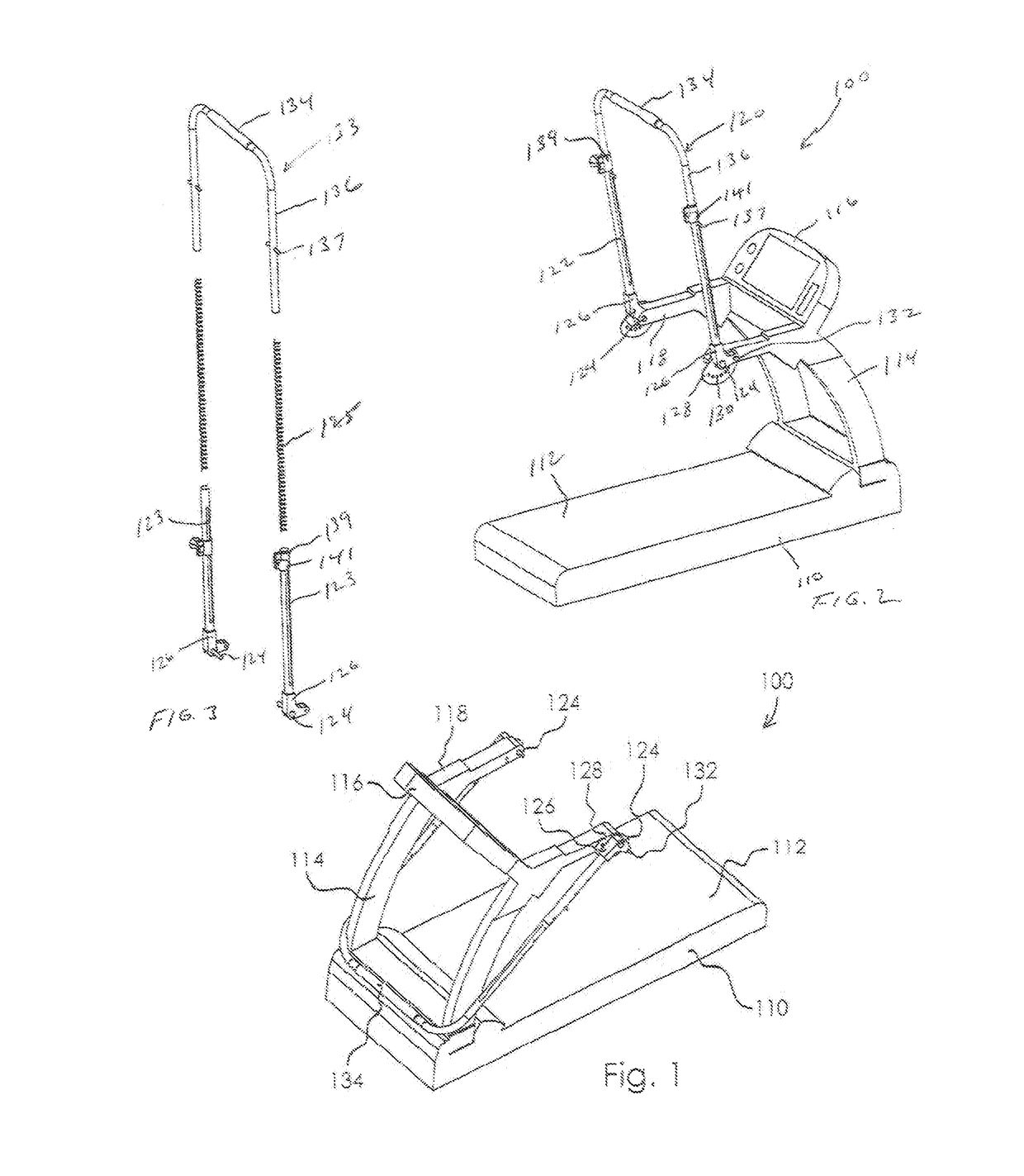 Treadmill with folding overhead handlebar assembly