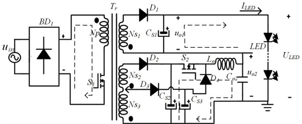 A composite auxiliary winding tibuck-flyback single-stage led drive circuit