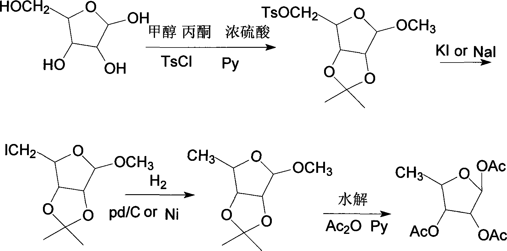 Method for synthesizing 1,2,3-O-tri-acetyl-5-deoxidation-D-ribose