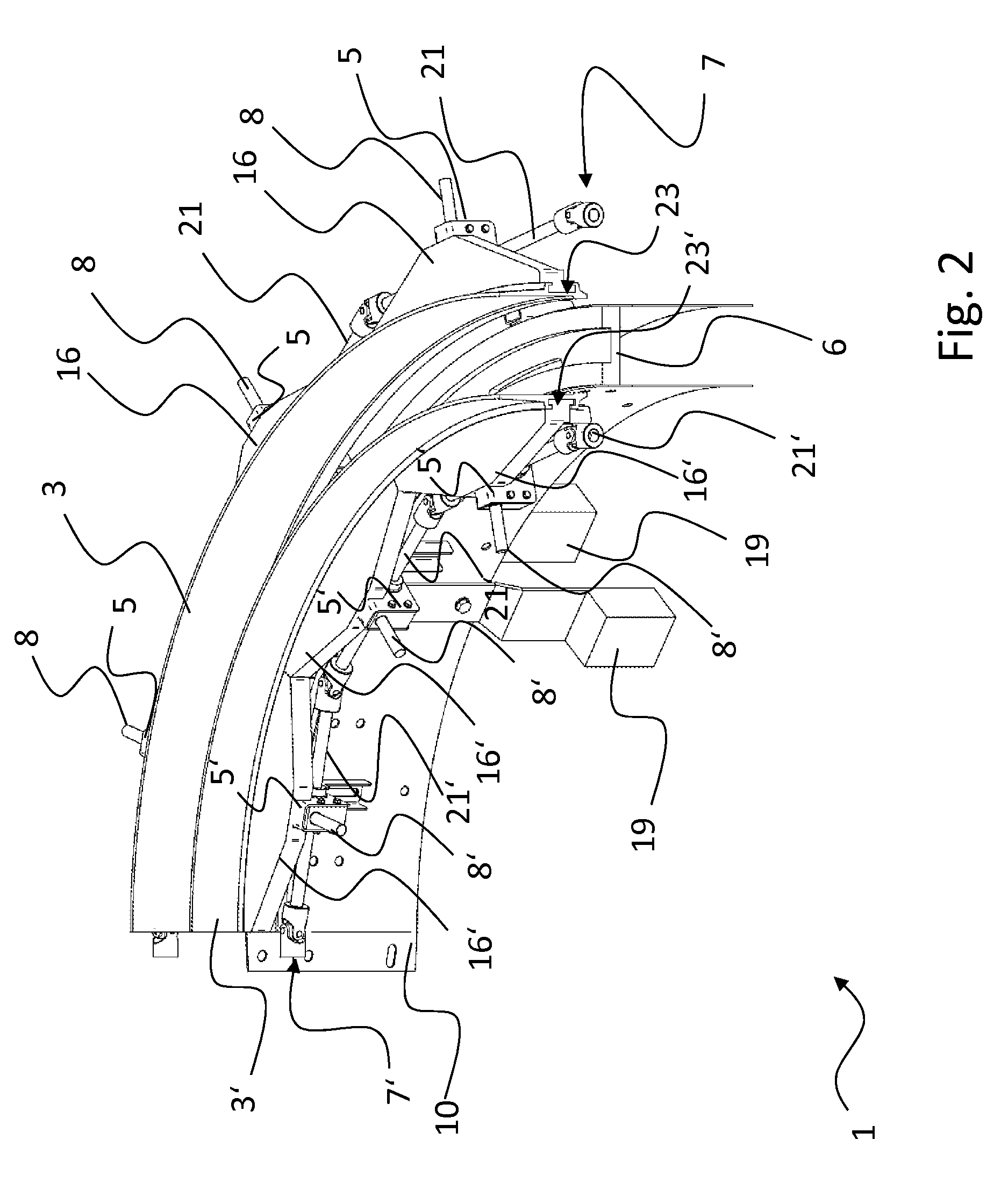 Transport section of a horizontal conveyor device with at least one adjustable guide element