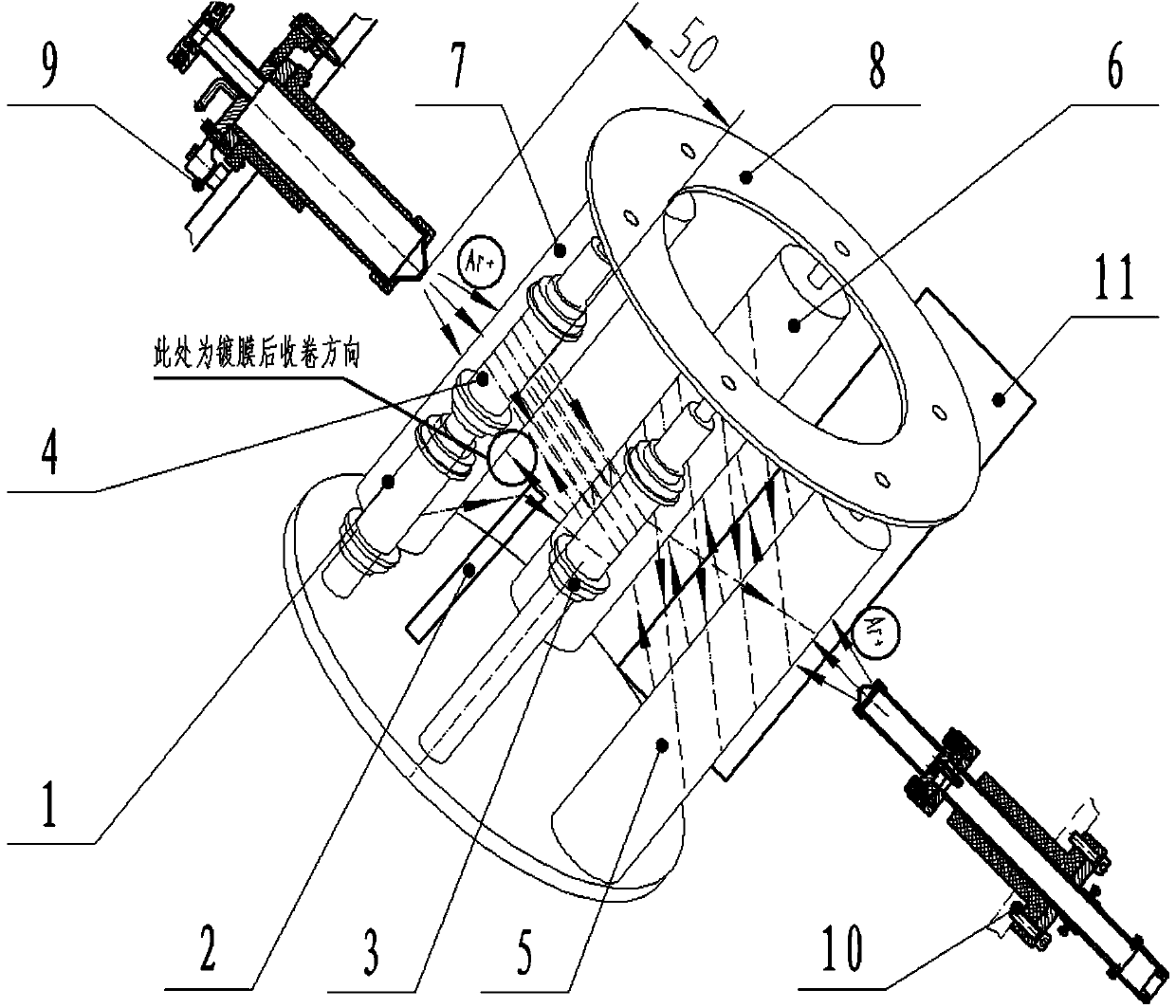 Device and method for continuously coating fiber with metallic conductive function film through magnetron sputtering