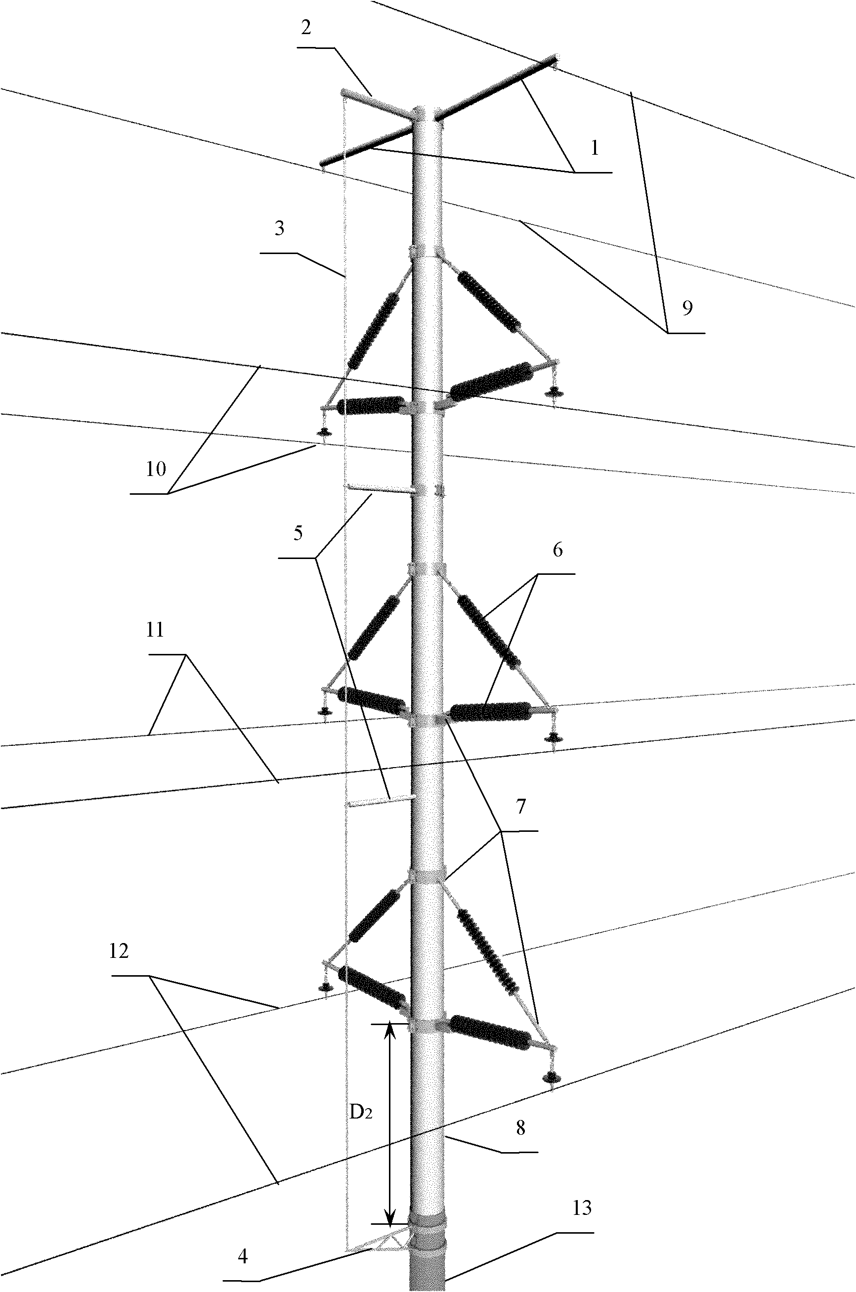 Method for vertical grounding down-leading on inner side of composite material pole tower and pole tower thereof