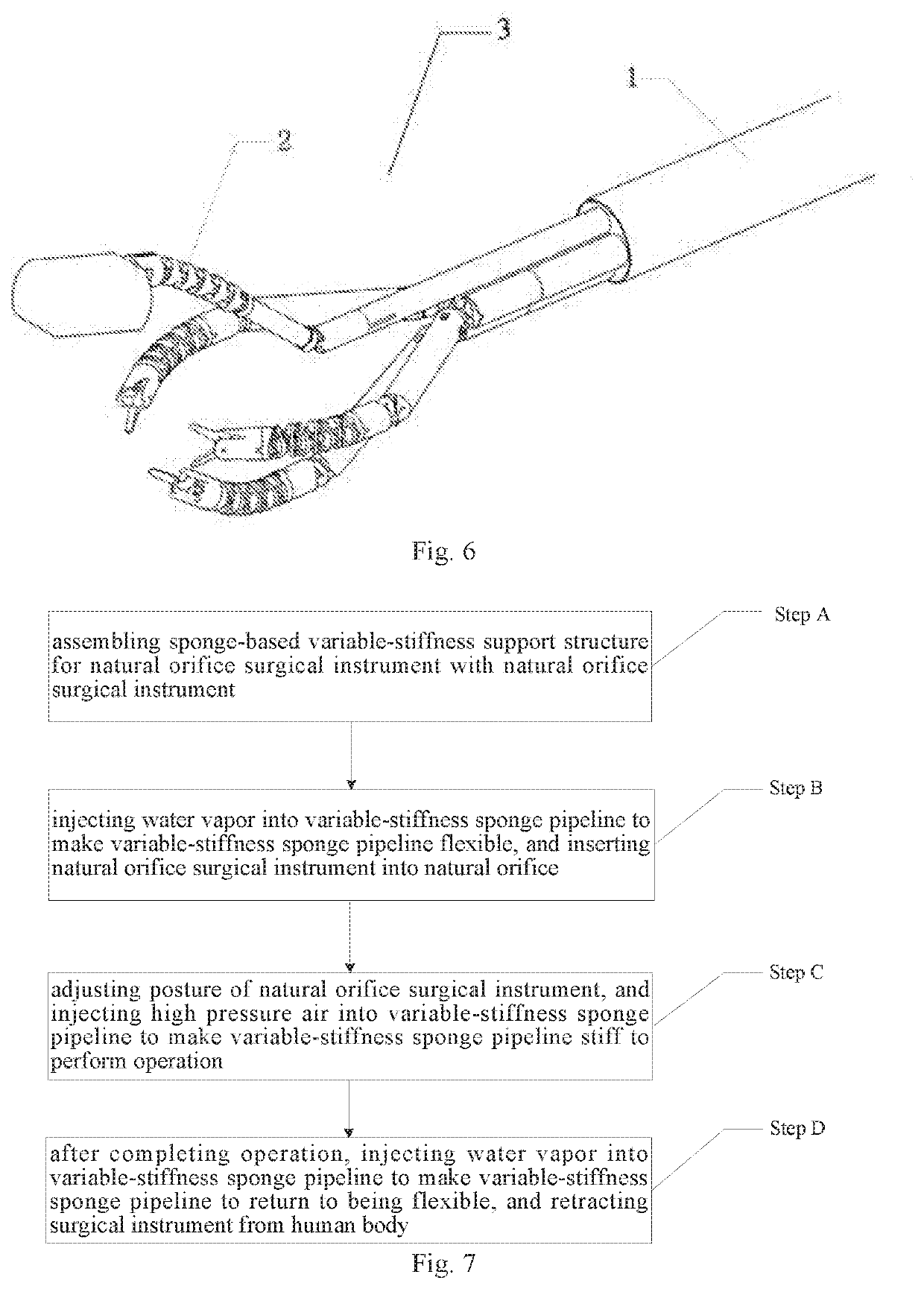 Sponge-based variable-stiffness support structure for natural orifice surgical instrument and method for using the same