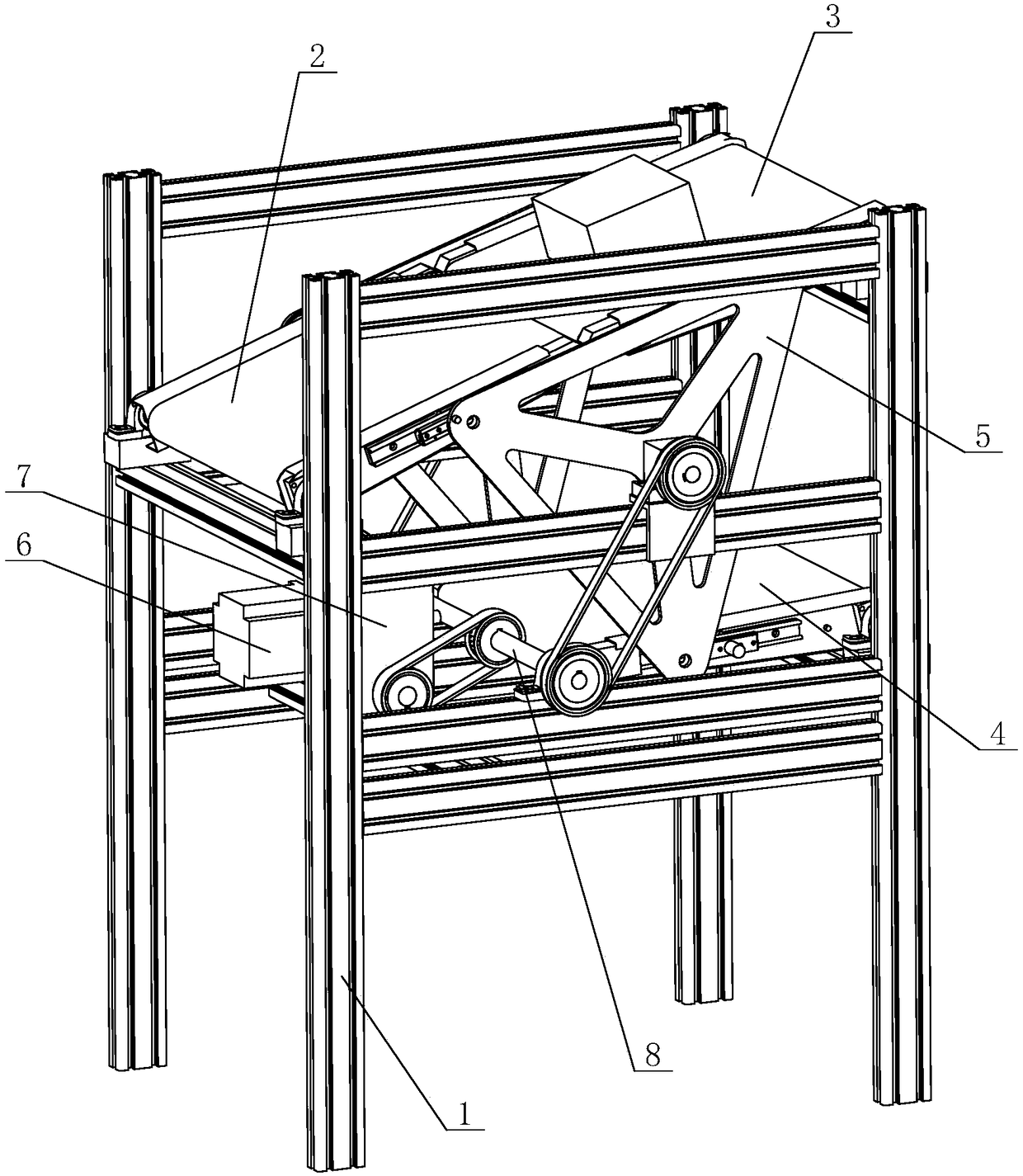 Linked swing arm conveying mechanism of distributing conveyor line