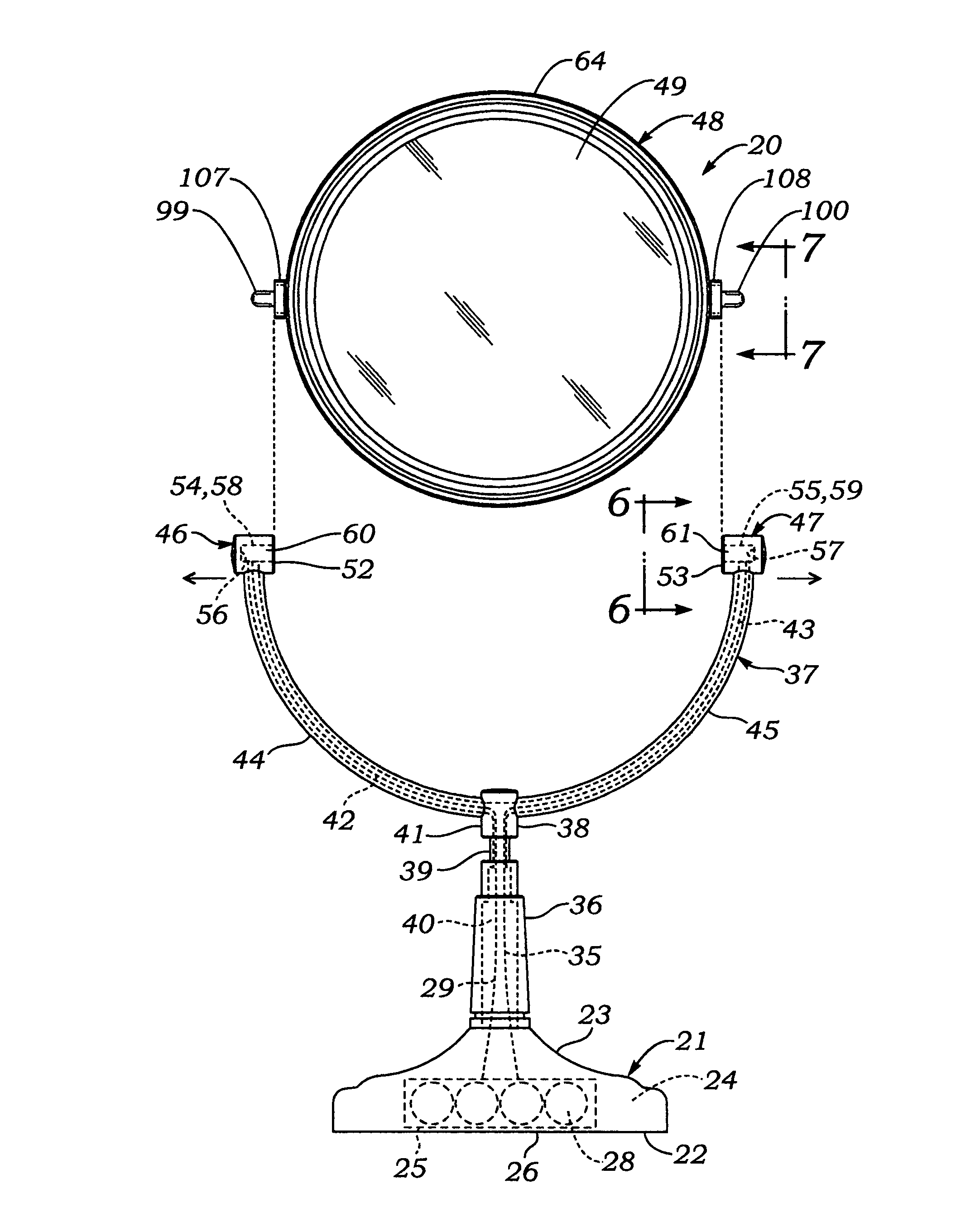 Illuminated continuously rotatable dual magnification mirror