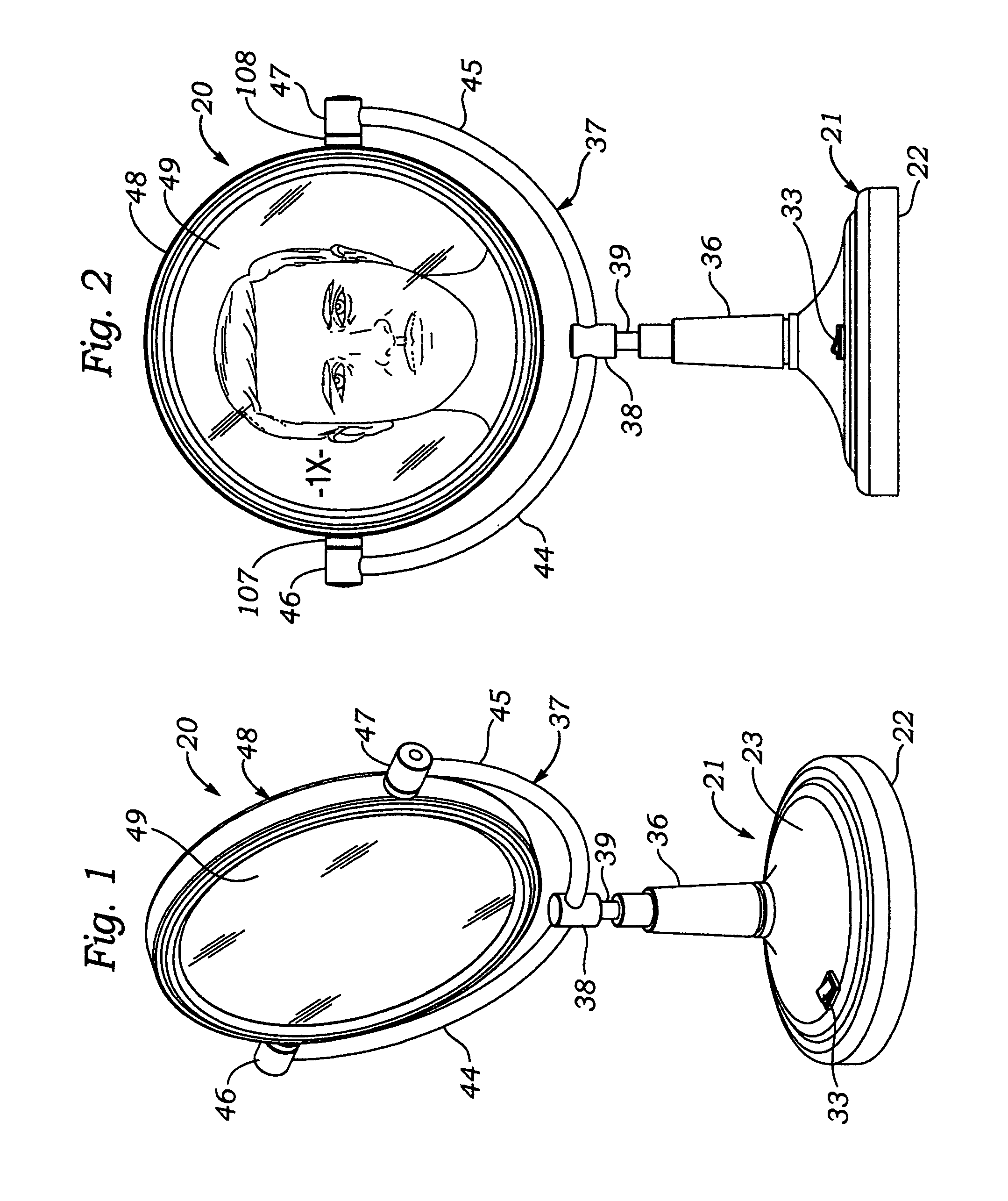 Illuminated continuously rotatable dual magnification mirror