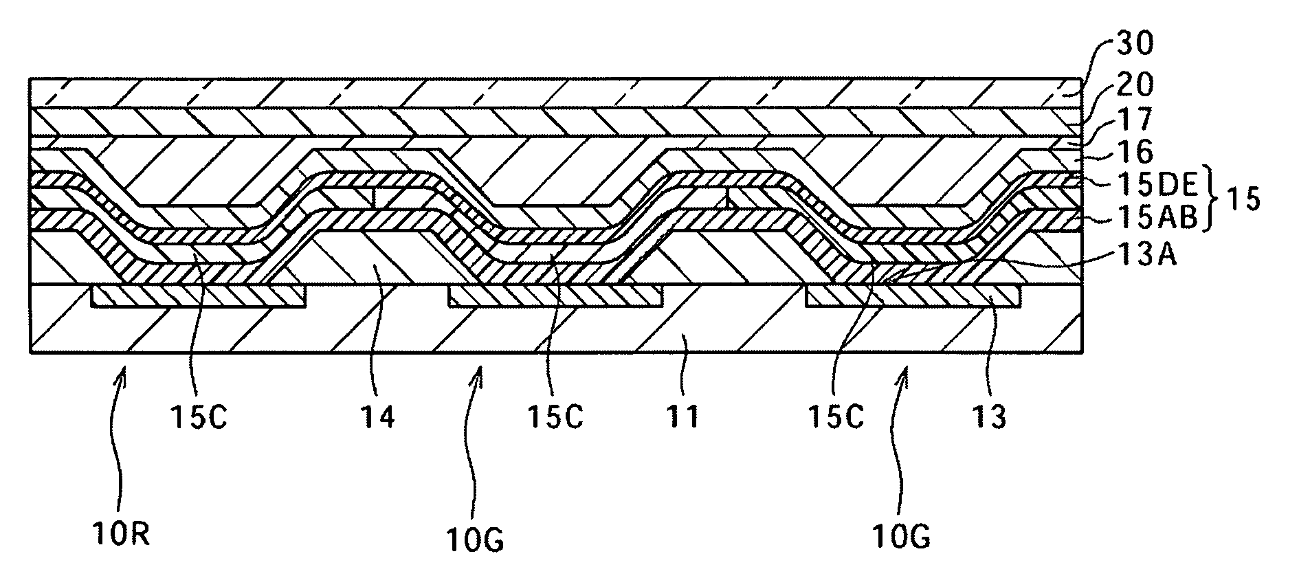 Display with organic light emitting elements including a light emitting layer provided by transferring a transfer layer from a donor substrate to an acceptor substrate