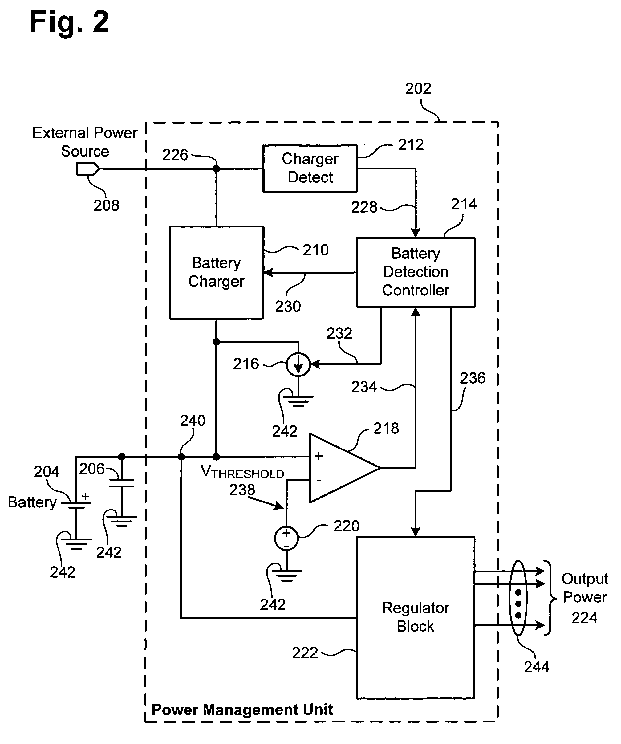 Power management unit with battery detection controller and switchable regulator block