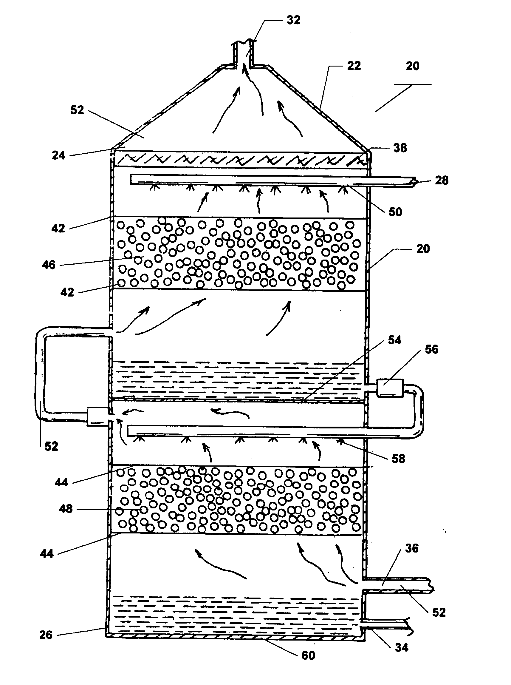 Method and apparatus for high efficiency multi-stage packed tower aeration with PH adjustment and reutilization of outlet air