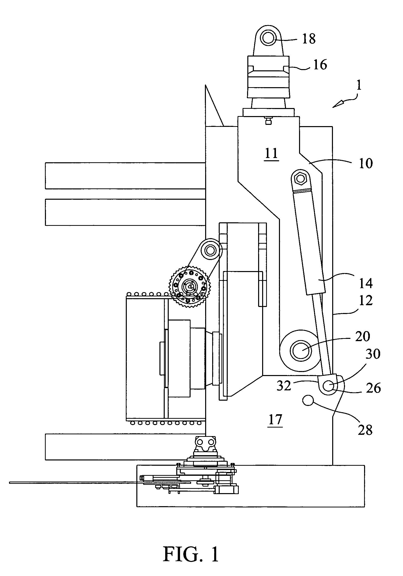 Tree processing equipment with two position pivot point for actuator ends