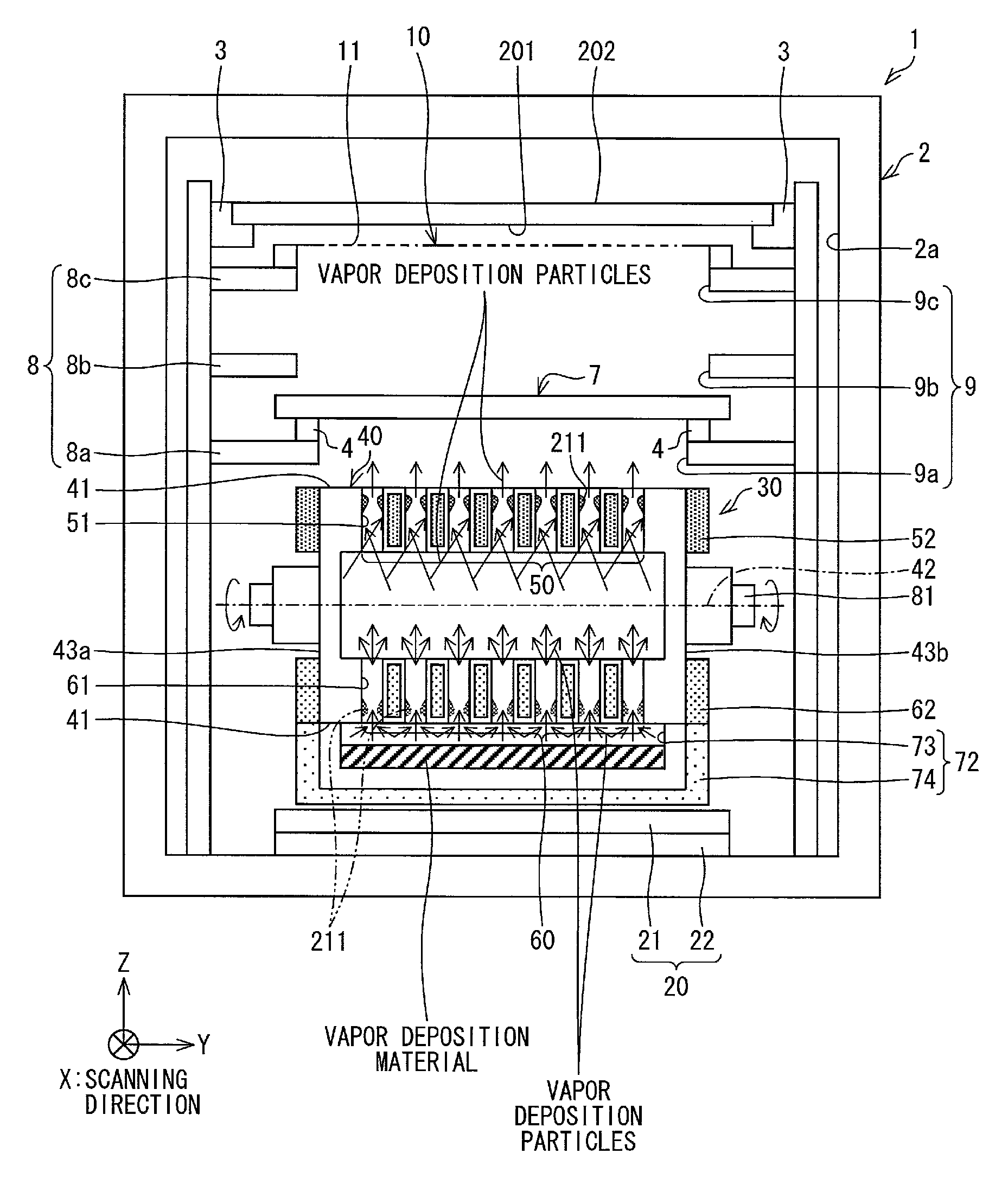 Vapor deposition particle emitting device, vapor deposition apparatus, vapor deposition method