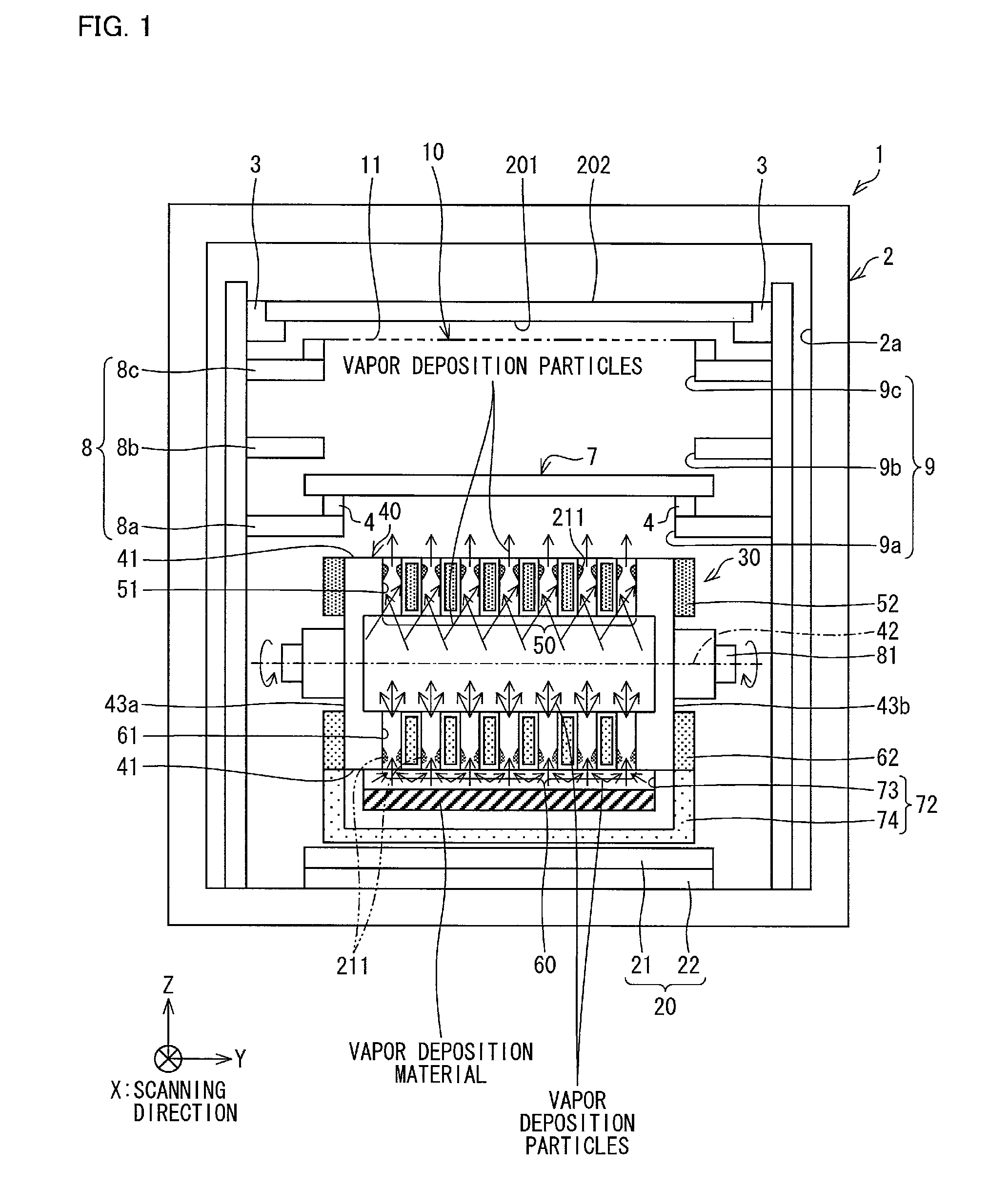 Vapor deposition particle emitting device, vapor deposition apparatus, vapor deposition method