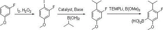 A method for synthesizing 4-fluoro-5-isopropyl-2-methoxyphenylboronic acid