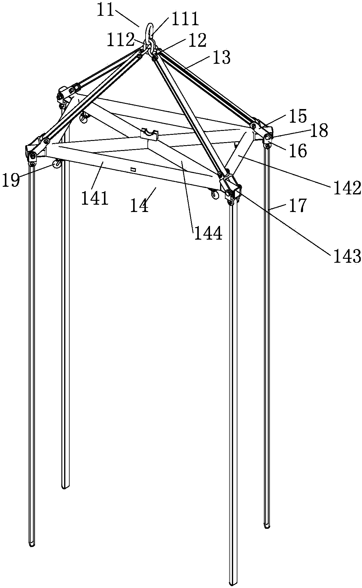 Cable-stayed sling type vertical-lifting lifting appliance having large-stiffness frame structure and assembled lifting appliance