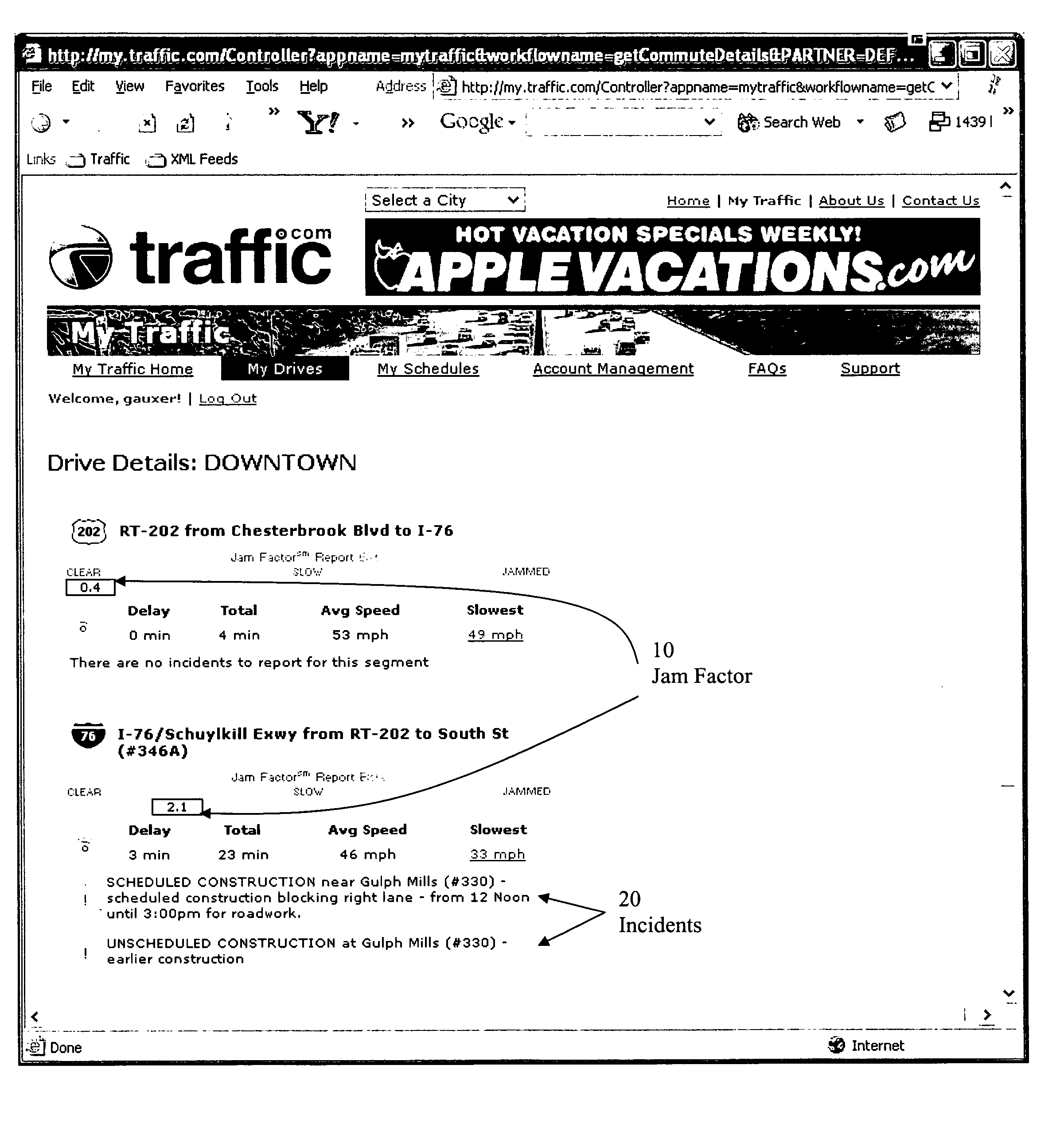 Rating that represents the status along a specified driving route