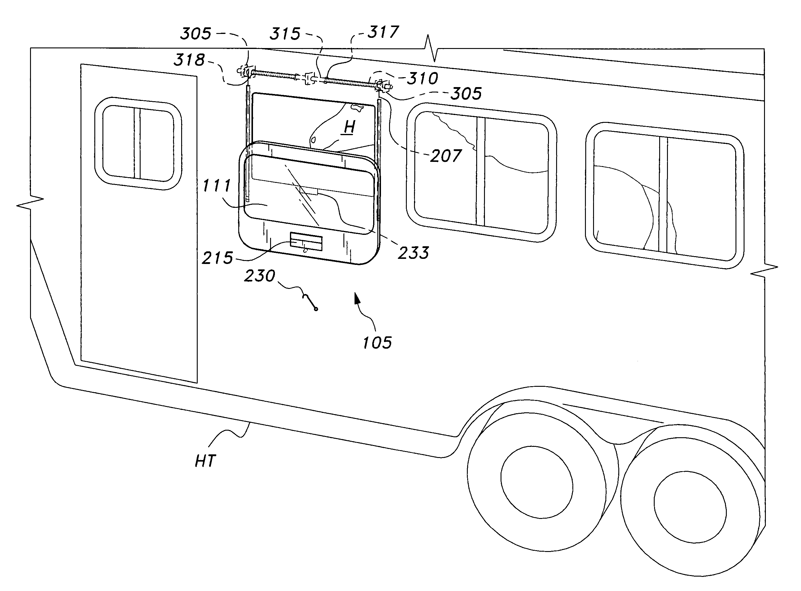 Sliding feed door for horse trailer