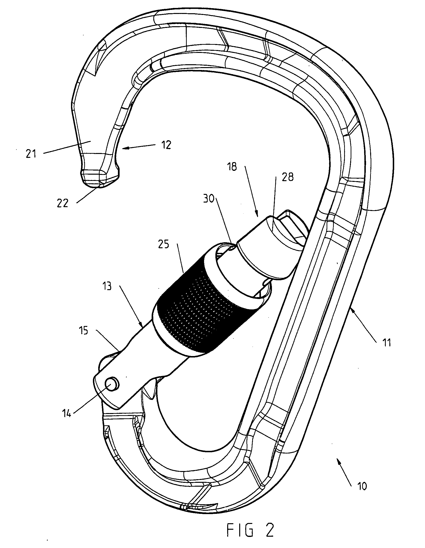 Carabiner with pivoting gate equipped with a locking ring