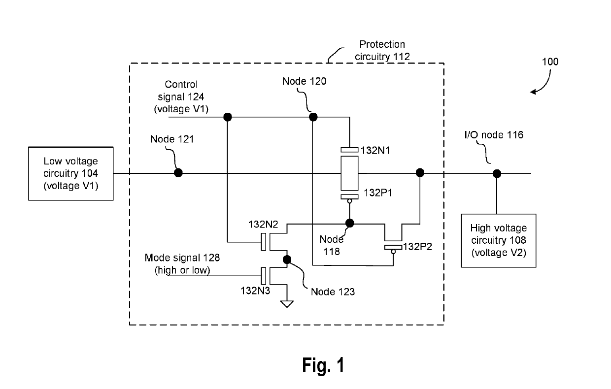 Protection circuit for decoupling a low voltage circuitry from a high voltage circuitry