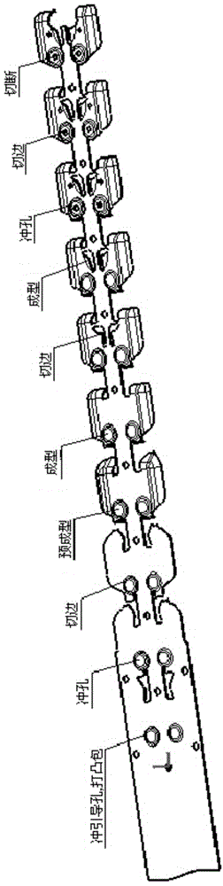 Continuous forming die for Audi B9U1 left/right rear brackets