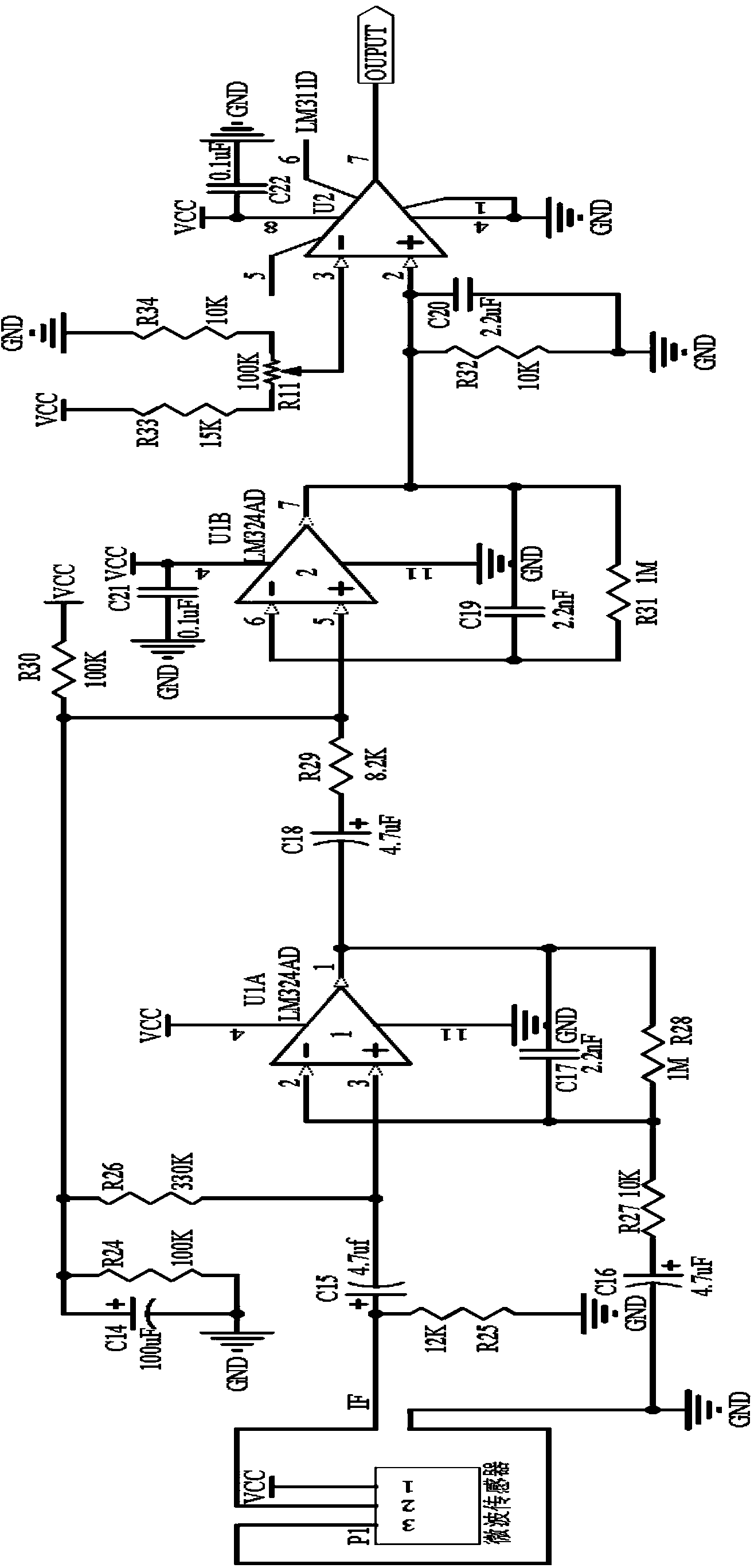 Moving object detecting device based on microwave transducer and ultrasonic transducer