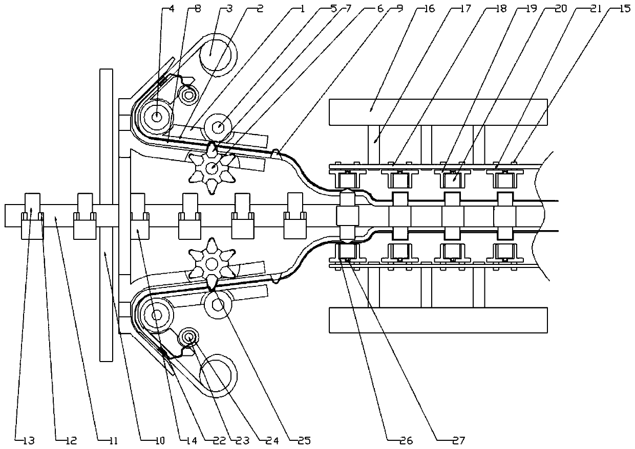 A production line for positioning and stringing welding of accompanying batteries