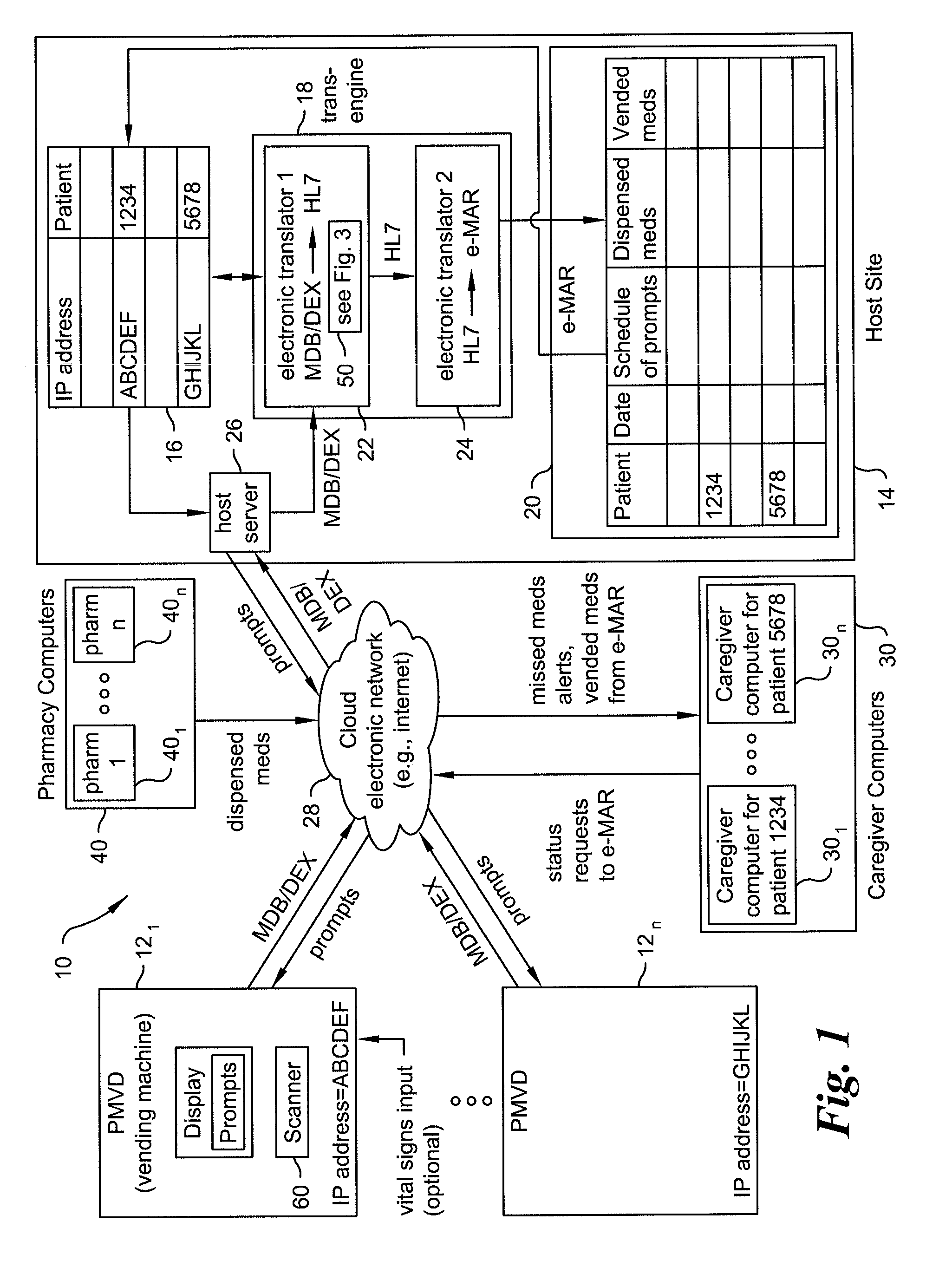 Automated method of recording contents of medication packages vended from a plurality of vending machines in an electronic record that stores records for a plurality of patients associated with respective vending machines