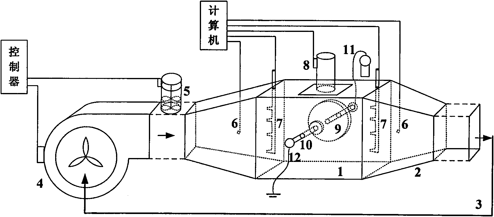 Gap discharging test device for manually simulating strong wind and sand storm and test method