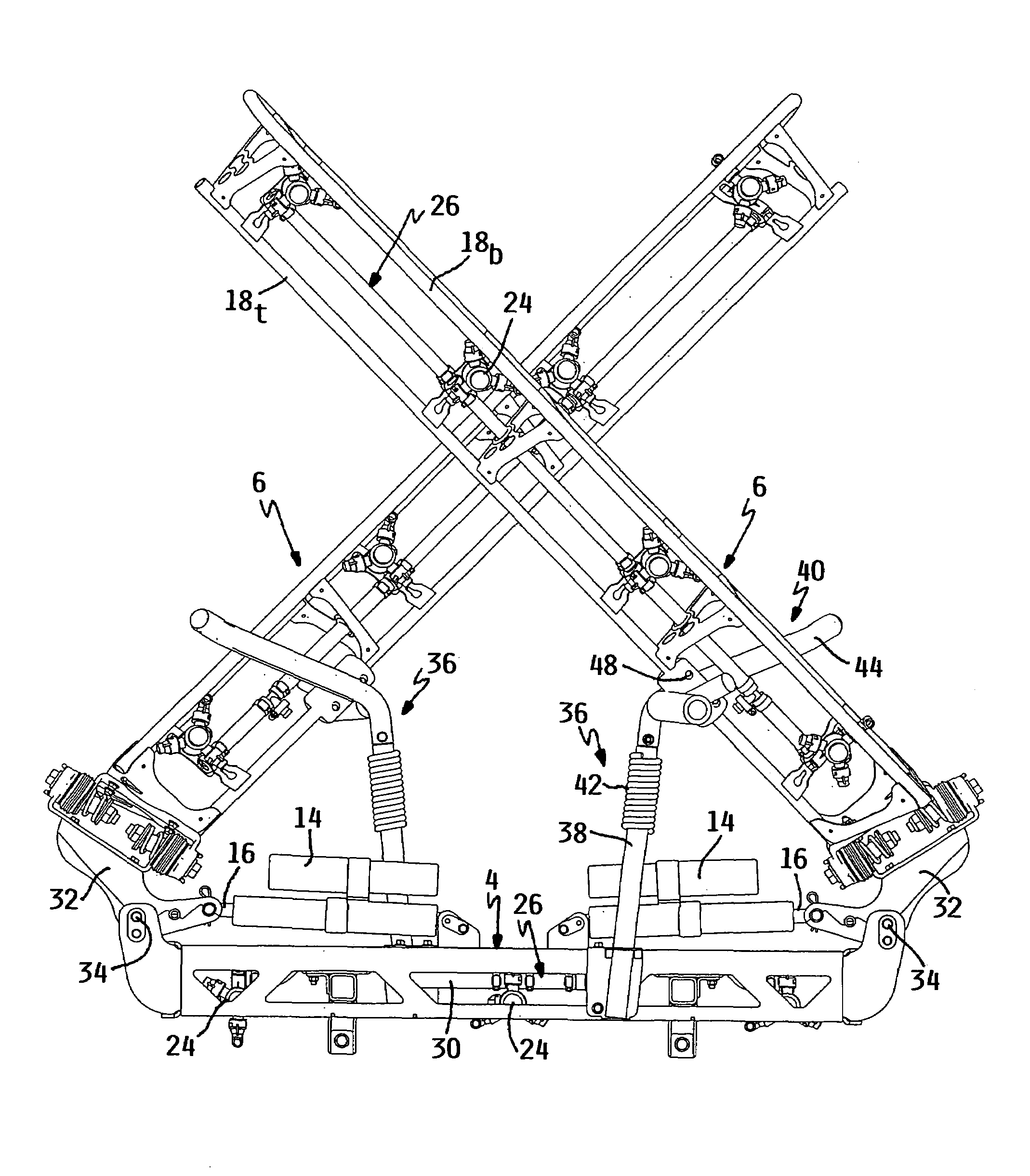 Sprayer with pivotal wing booms having forward and reverse breakaway and folded X-shaped transport position