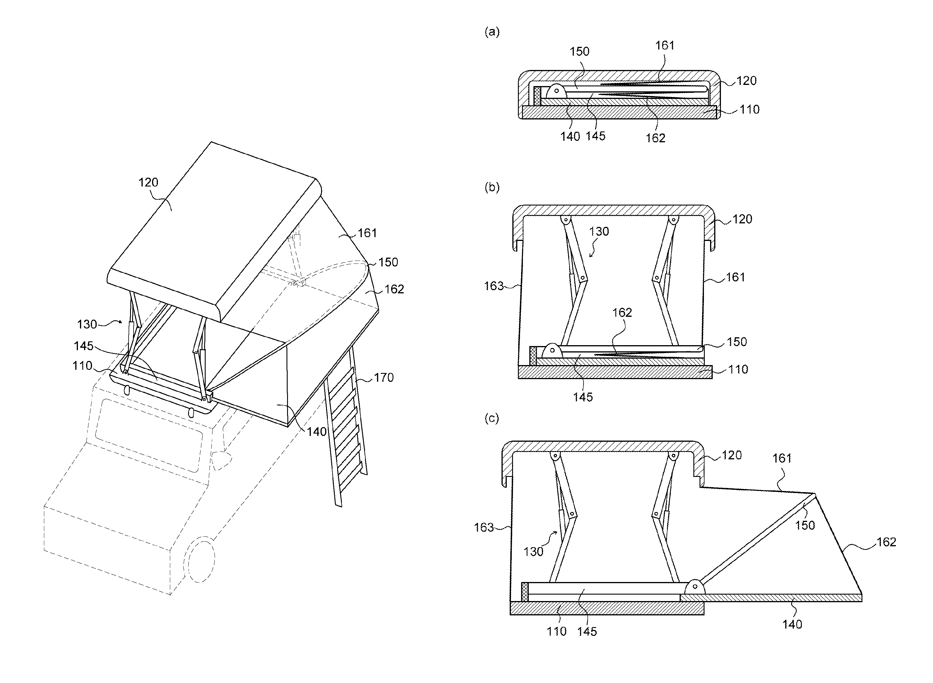 Expandable hard-shell tent mounted on a roof of vehicle