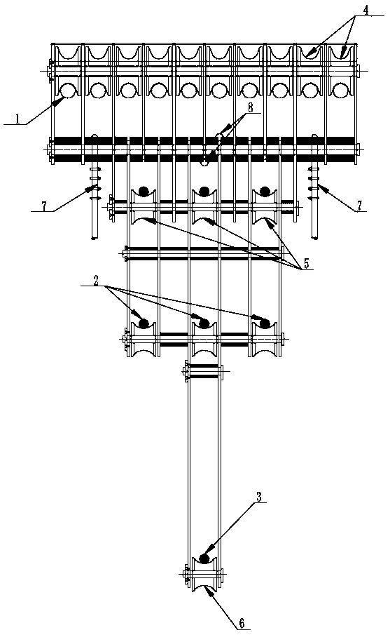 Cable hoisting system self-propelled and layered structure cable bearing device constructing structure and mounting method thereof