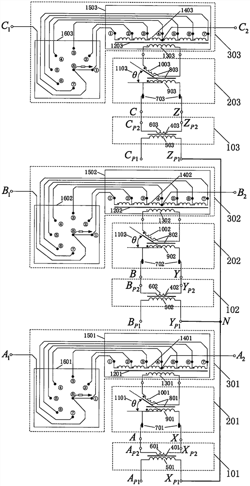 Three-phase electromagnetic series power transmission line power flow control topology circuit with voltage class of 110kV and above