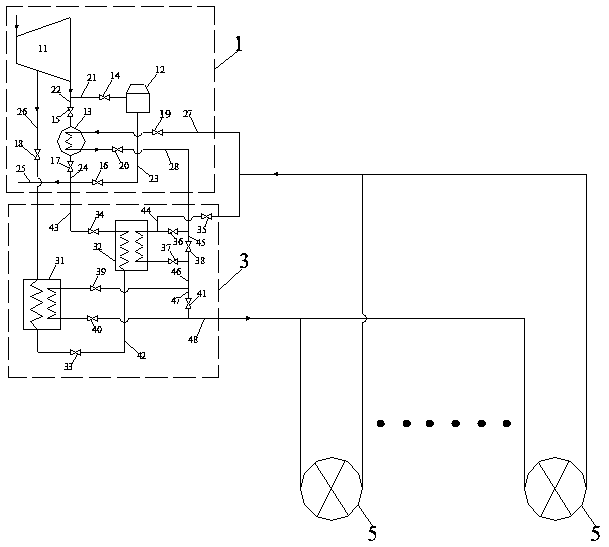 High back pressure coupling large temperature difference heating supply system for air cooling unit and operation method