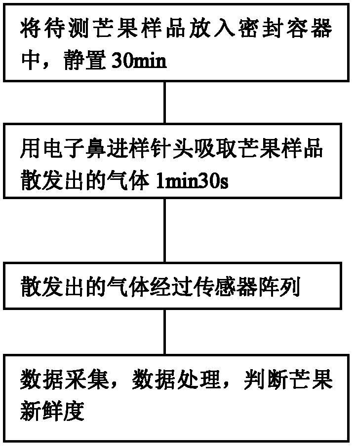 Method for detecting freshness of mangos by aid of electronic nose