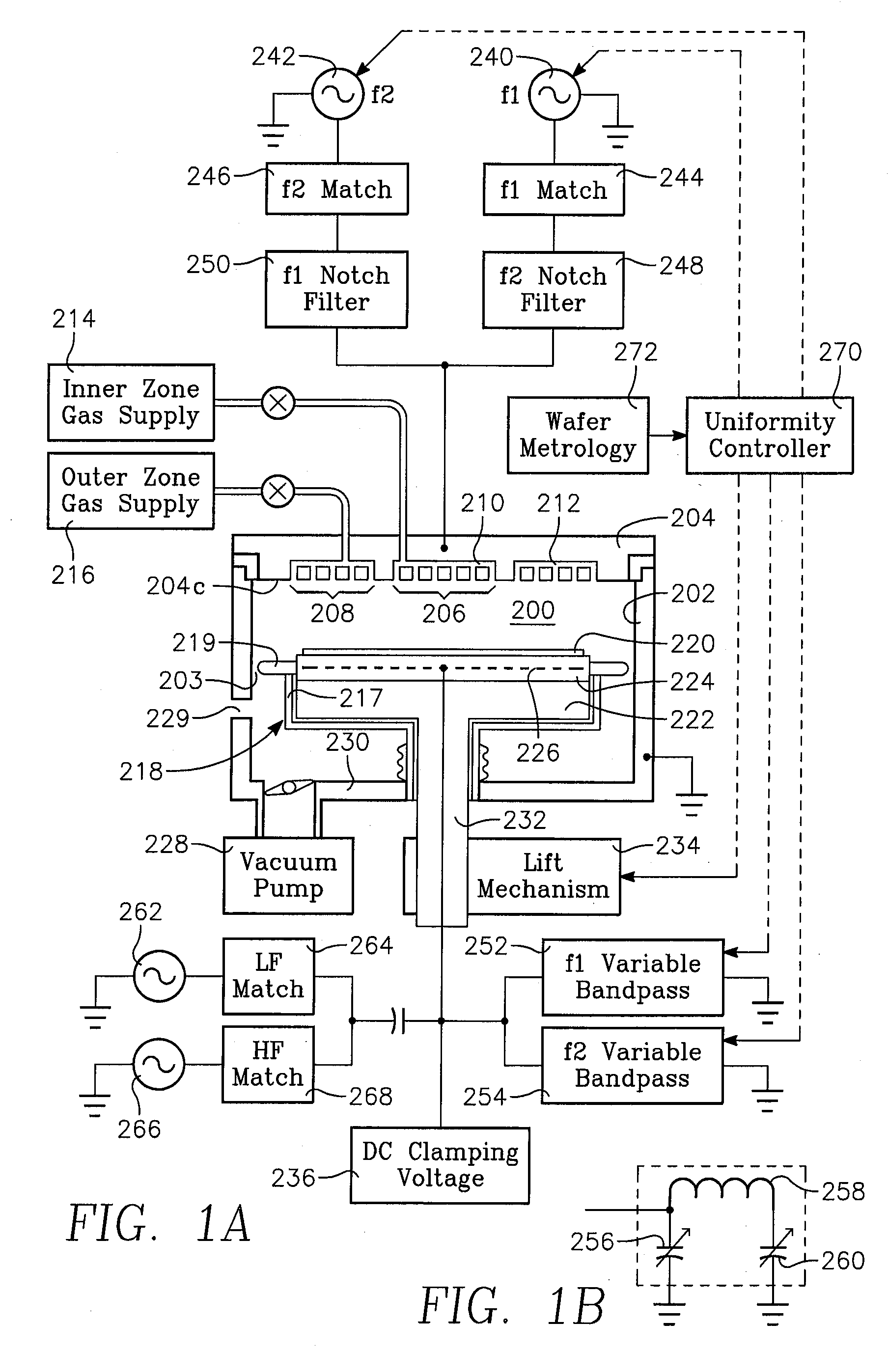 Plasma process uniformity across a wafer by apportioning ground return path impedances among plural vhf sources