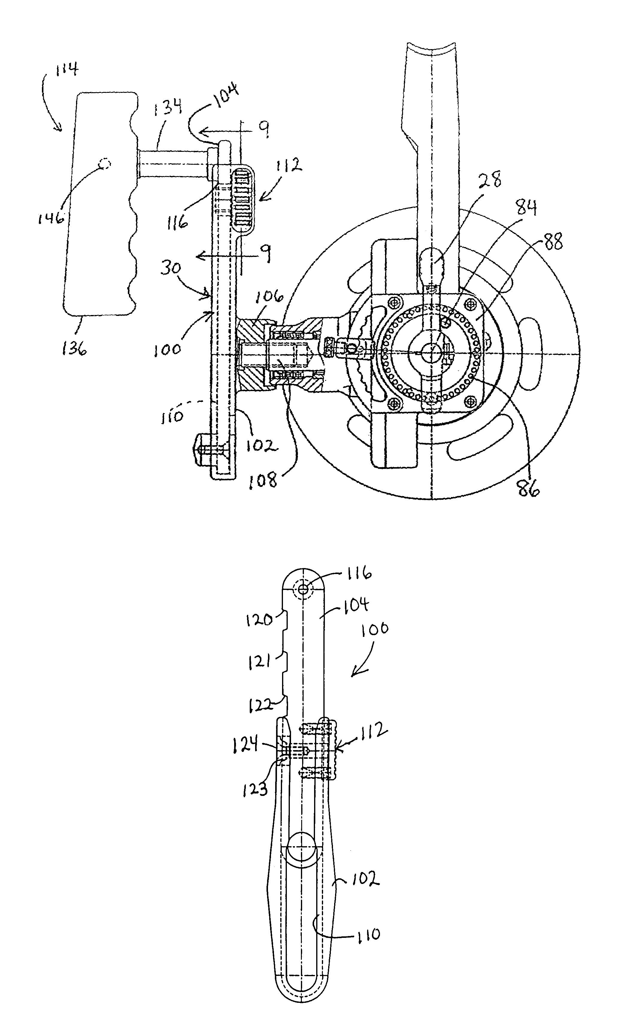 Spinning reel with rear adjustable drag, adjustable handle length and universal pivot handle grip