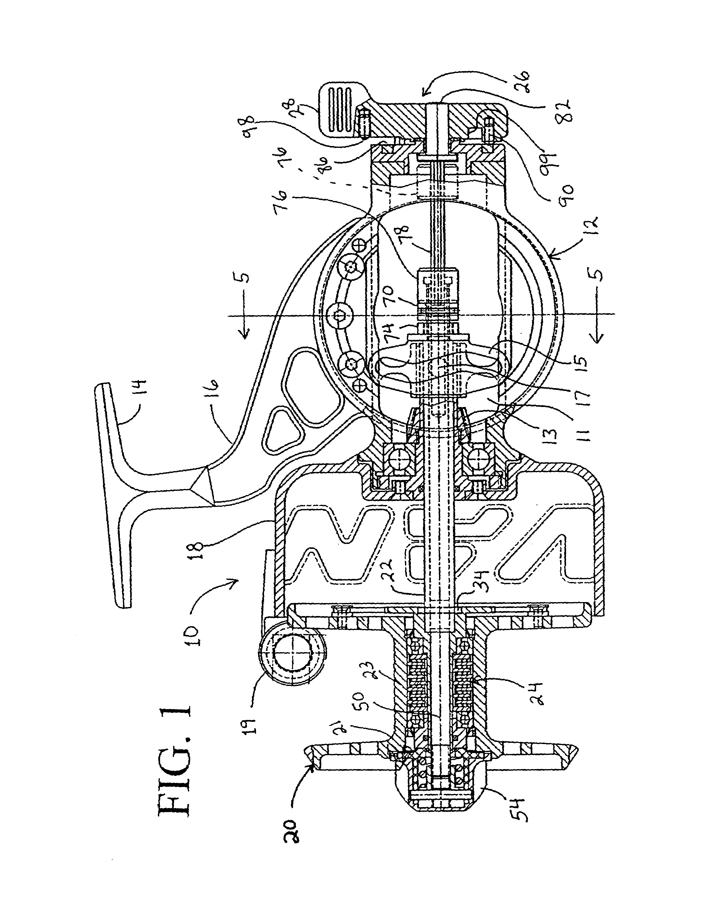 Spinning reel with rear adjustable drag, adjustable handle length and universal pivot handle grip