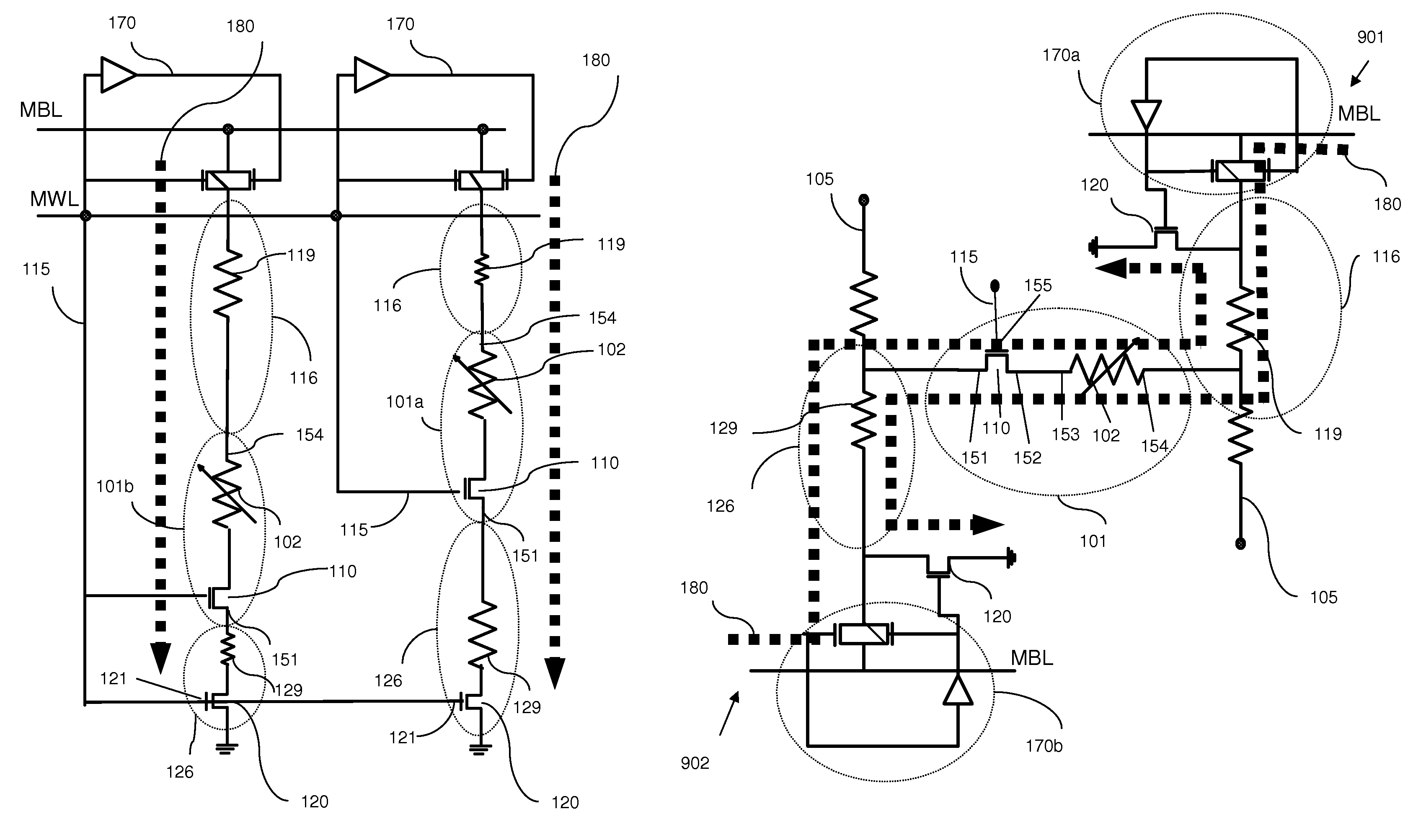 Balanced and bi-directional bit line paths for memory arrays with programmable memory cells