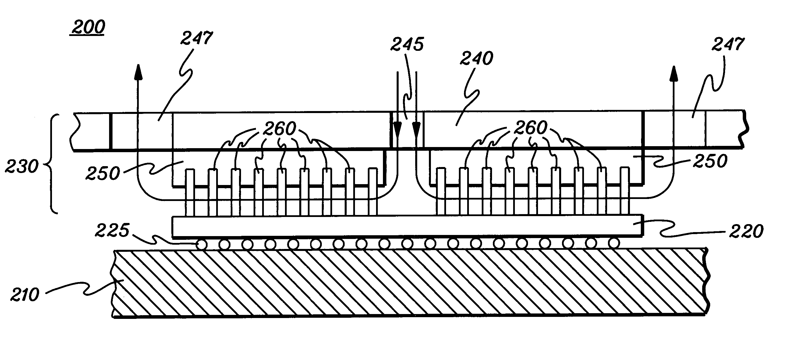 Electronic device cooling assembly and method employing elastic support material holding a plurality of thermally conductive pins