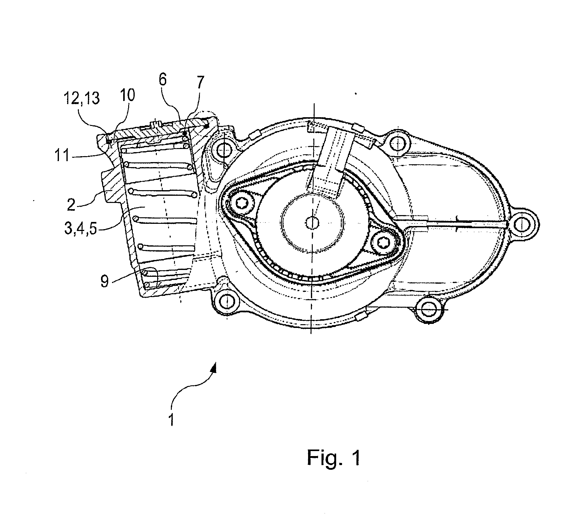 Housing bell with integrated pressure accumulator having a flanged cover