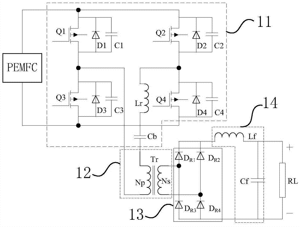 Preceding stage DC converter for proton exchange membrane fuel cell and construction method thereof