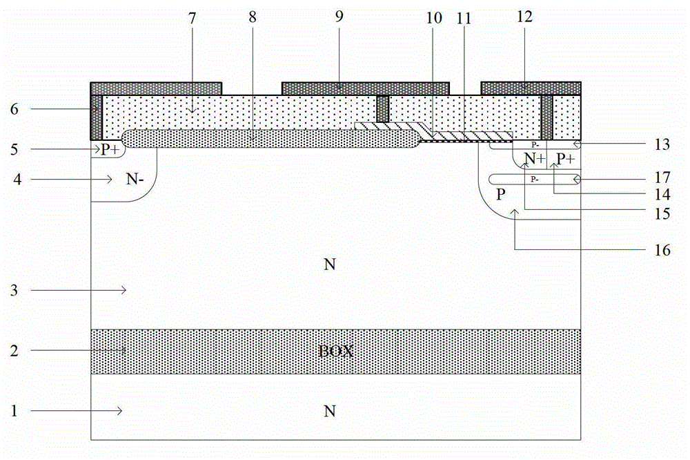 Latch-preventing N type silicon on insulator transverse isolated gate bipolar transistor