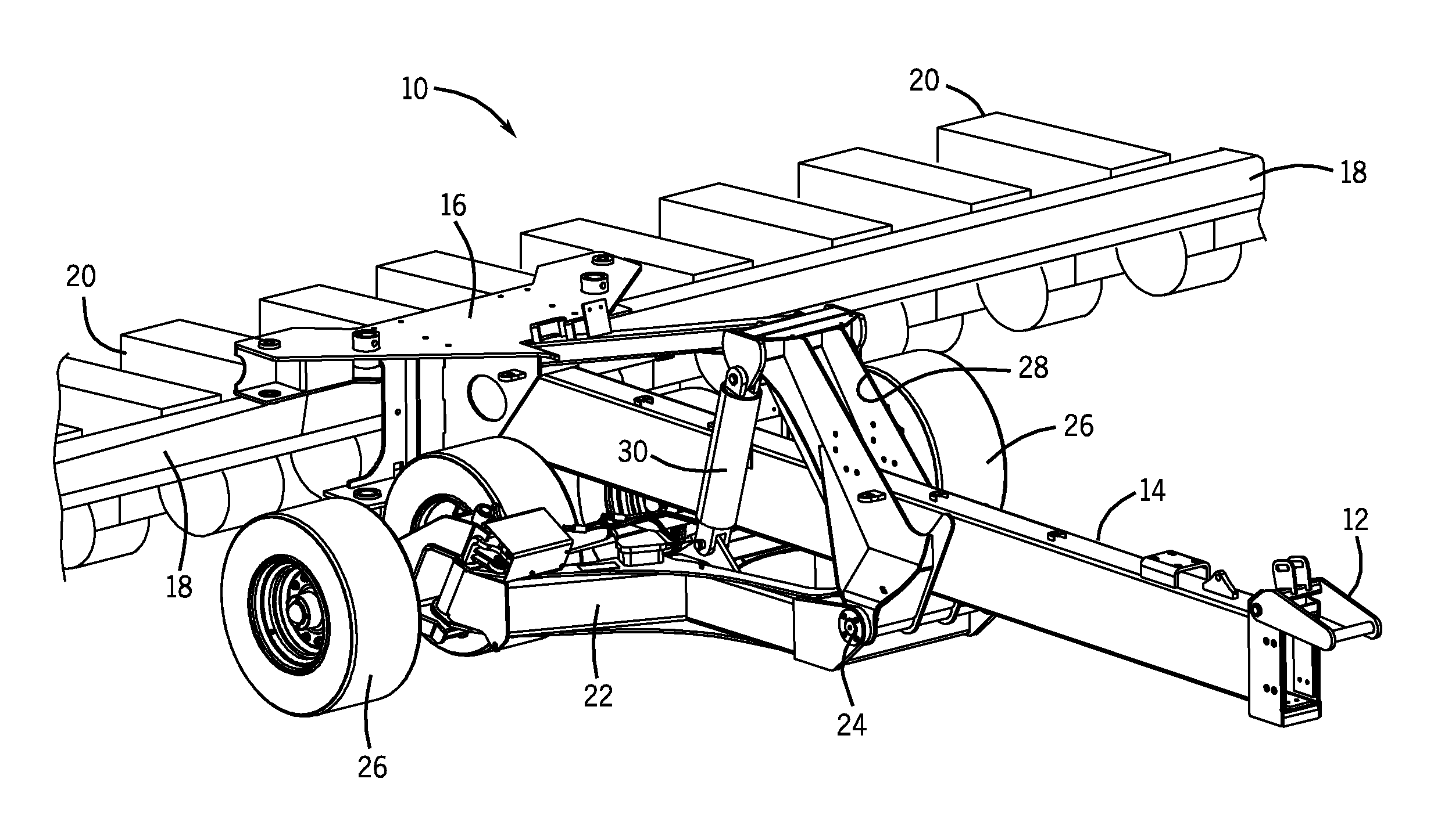 Steerable agricultural implement with adaptable wheel spacing