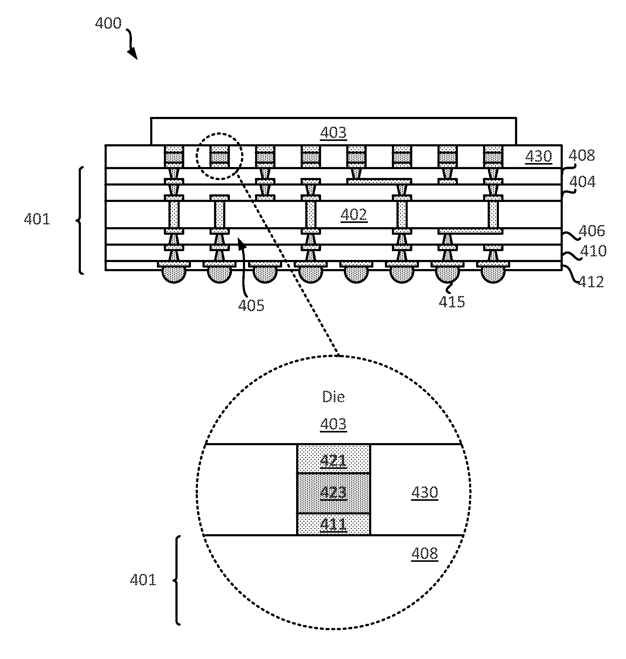 Integrated device package comprising photo sensitive fill between a substrate and a die