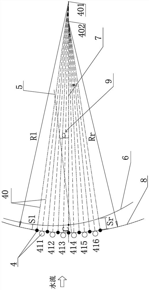 Systematic flood discharge and energy dissipation arrangement method and structure of an asymmetric arch dam