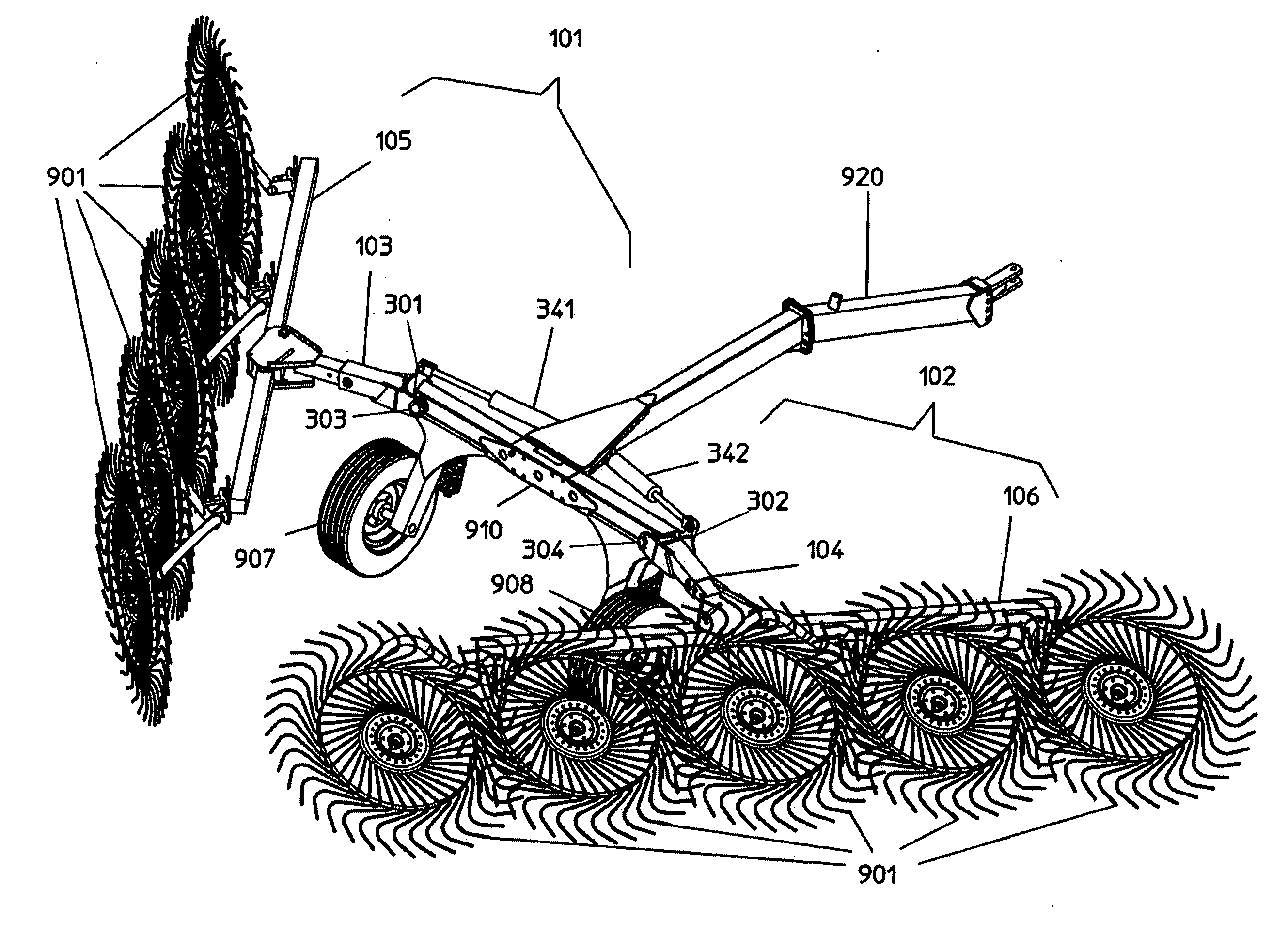 Adjustable and foldable V-shaped hay rake