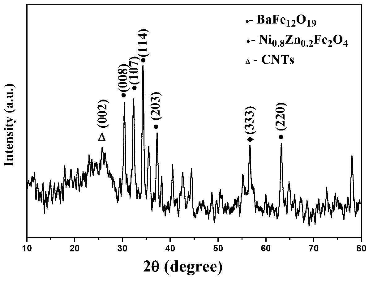 Polypyrrole/ferrite/multi-wall carbon nanotube composite material preparation method