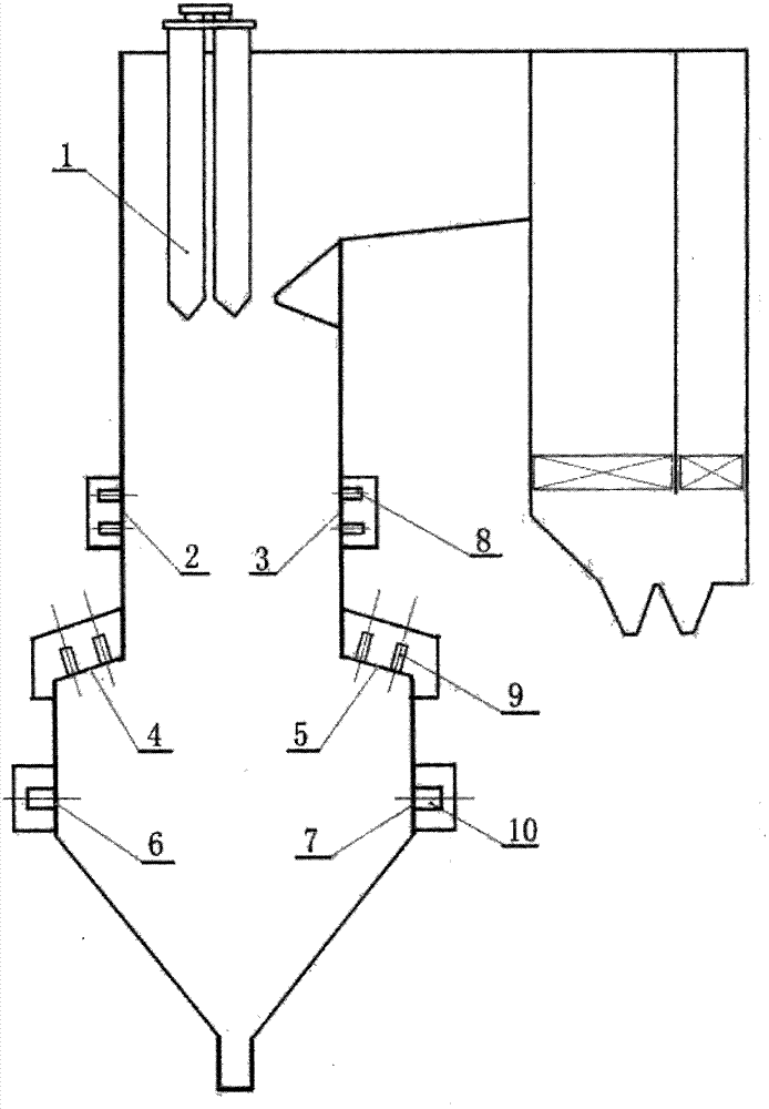 Half-W-shaped flame burning supercritical power station boiler