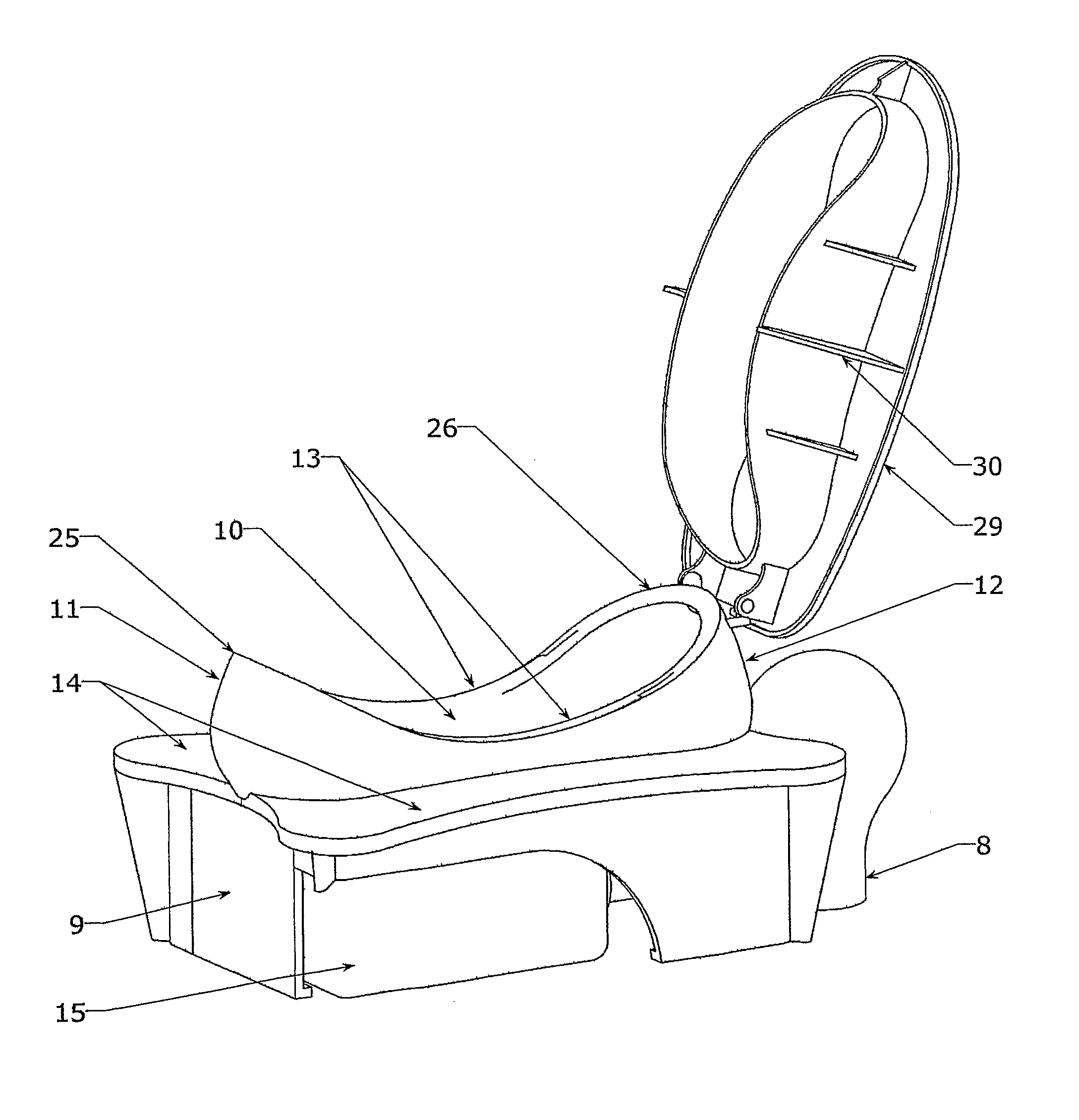 Sitting and squatting water closet and seat with cistern below