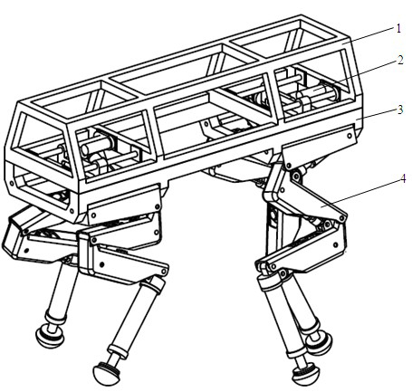 Moving mechanism of hydraulic drive four-leg robot with barycenter adjusting device